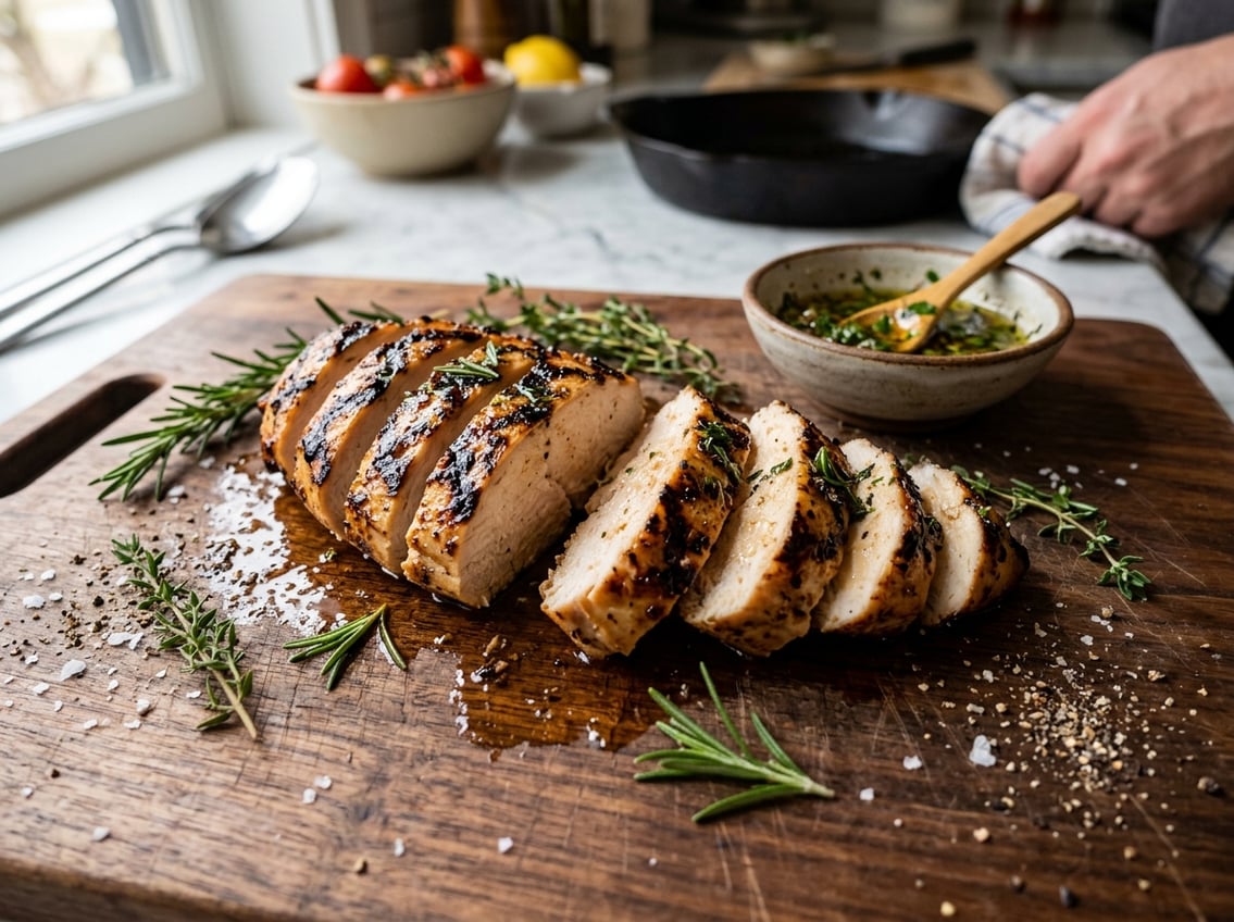 A sliced chicken breast on a wooden cutting board with fresh herbs and a small bowl of seasoning in a kitchen setting.