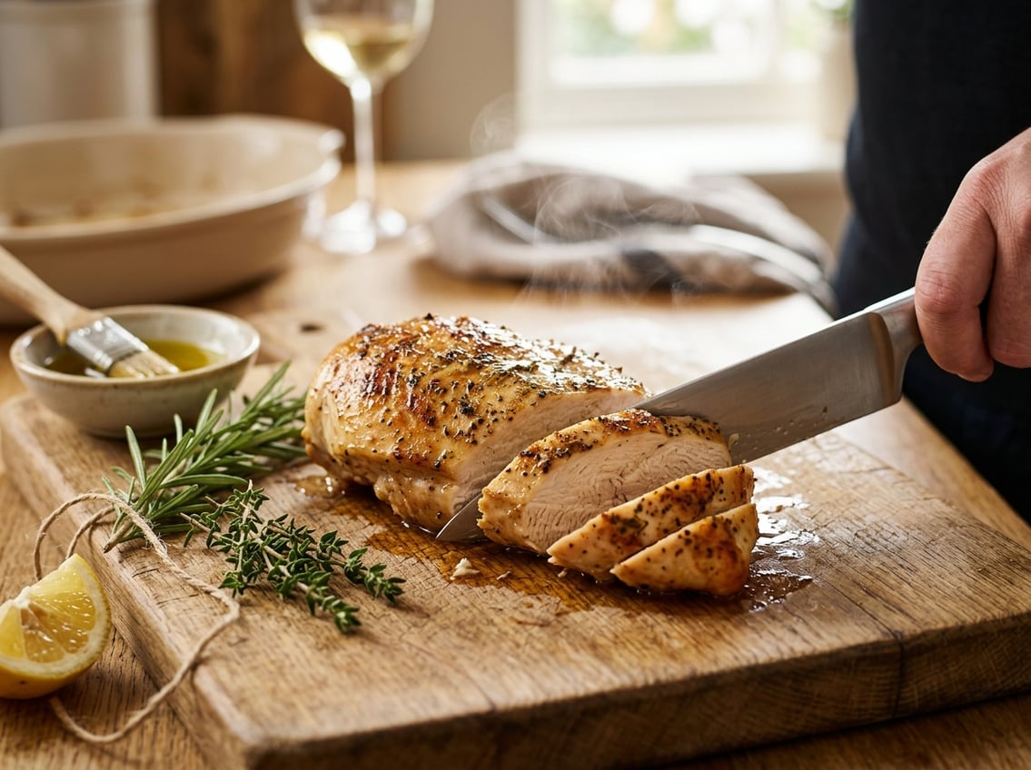 Close-up of a sliced cooked chicken breast on a cutting board with herbs and lemon nearby.
