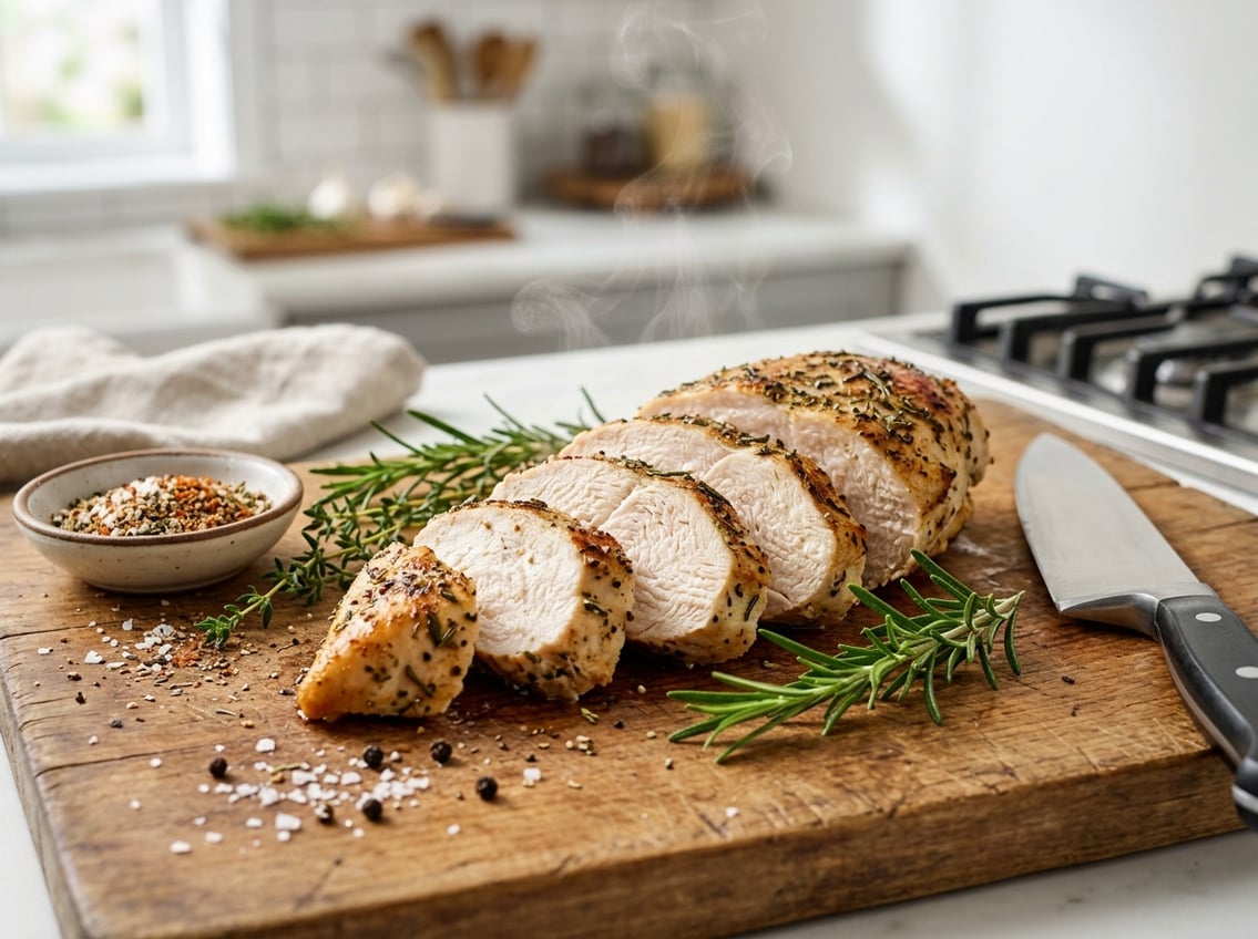 Close-up of a sliced, tender chicken breast on a wooden cutting board with fresh herbs and a knife nearby.