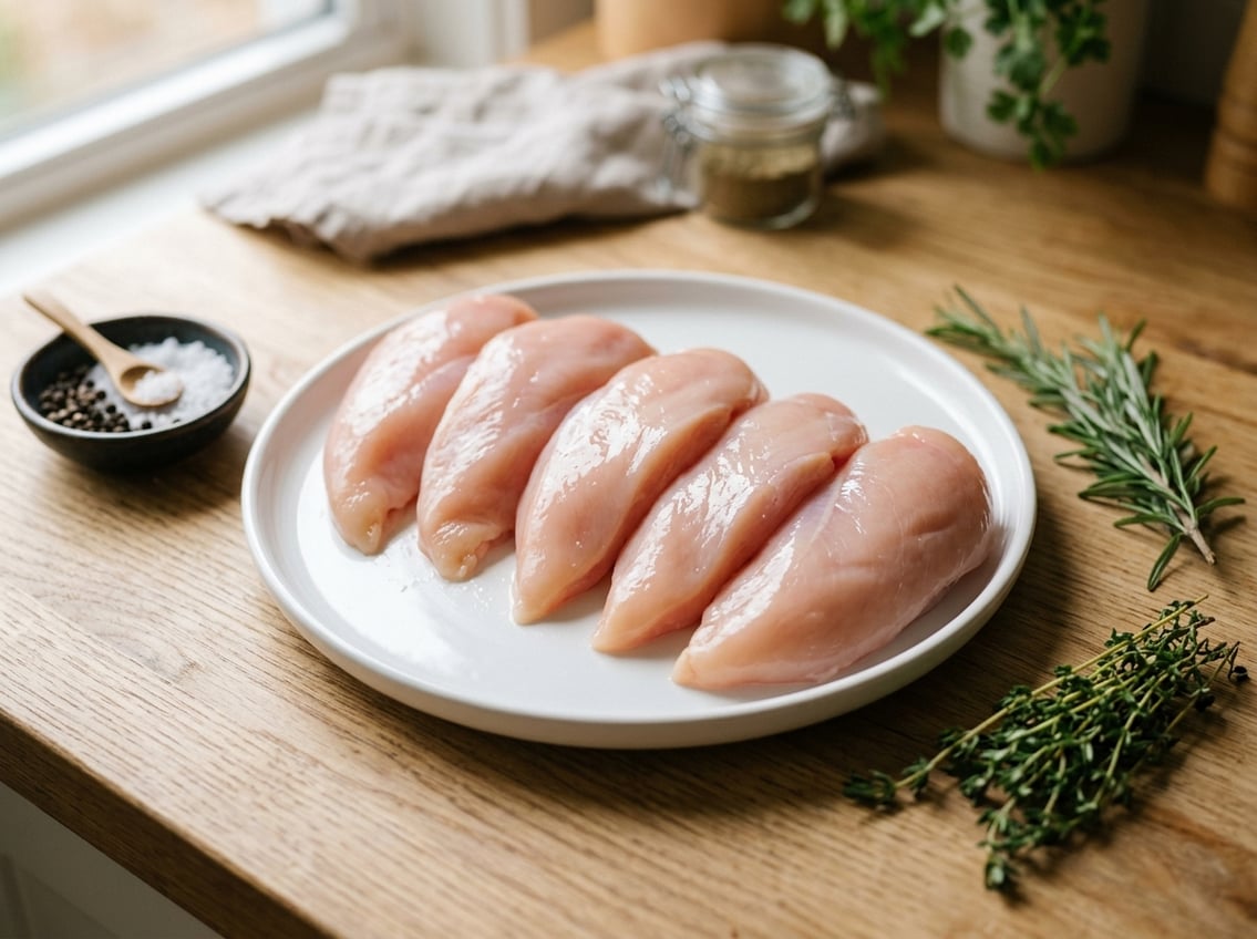 Raw chicken breast cutlets arranged on a white plate with fresh herbs and seasonings nearby on a wooden surface.