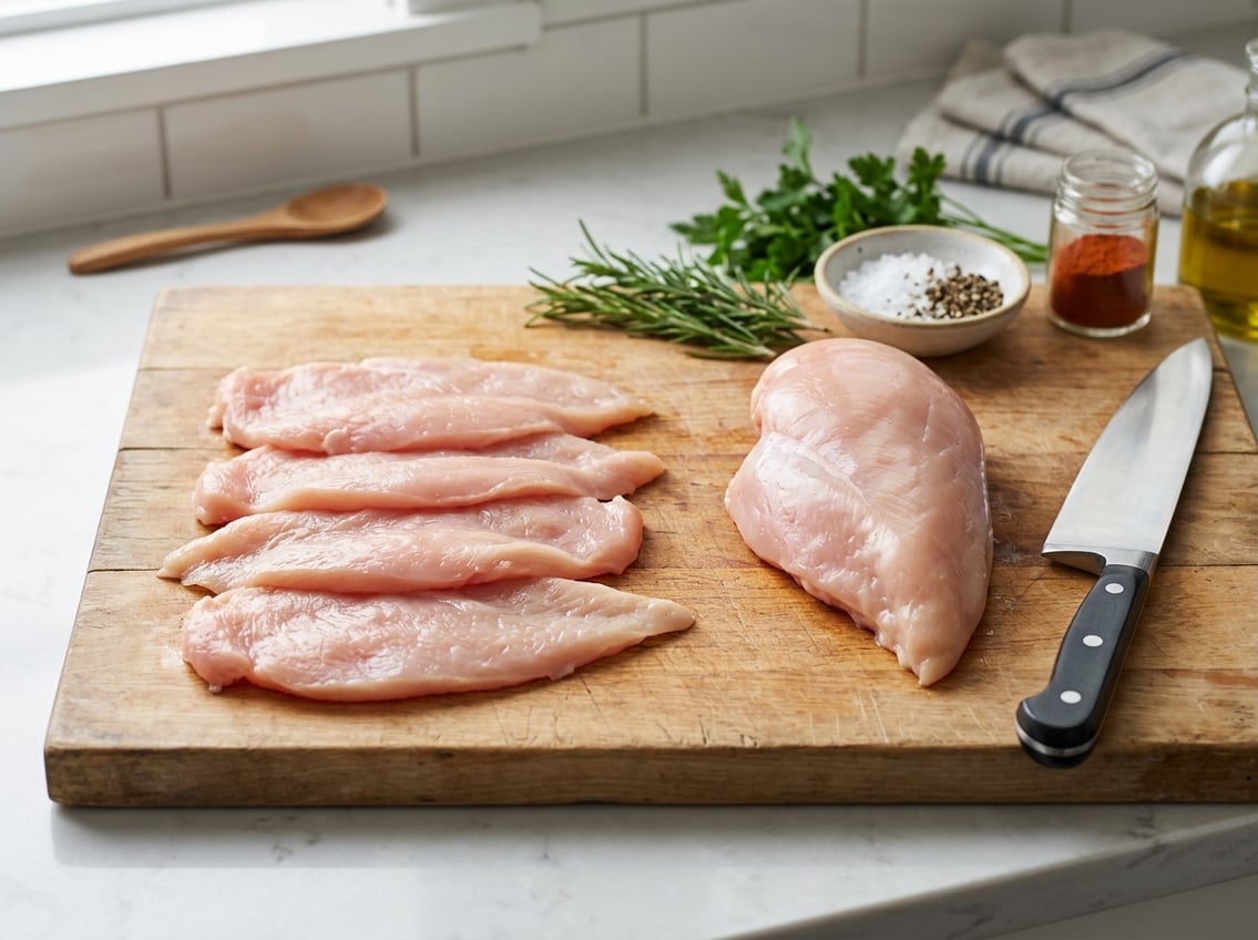 Raw chicken breast cutlets and a whole chicken breast placed side by side on a wooden cutting board with fresh herbs and a knife nearby.