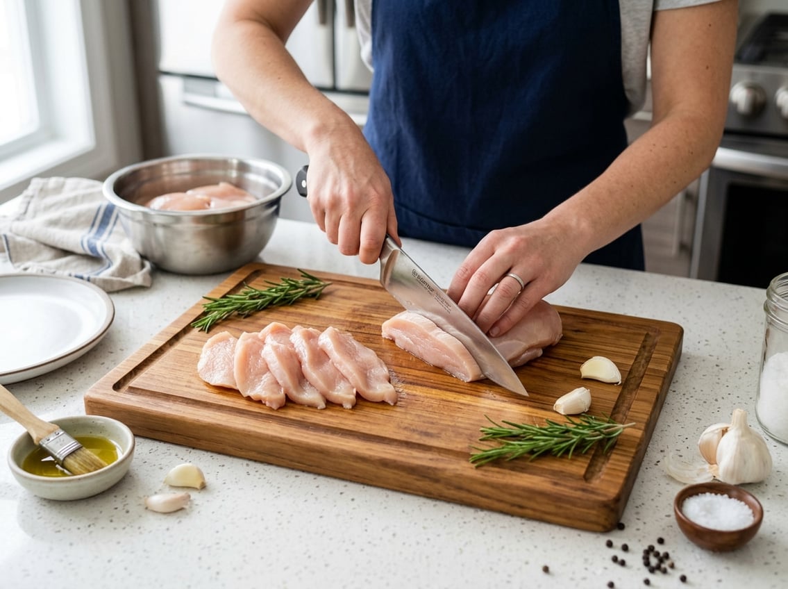 Hands slicing raw chicken breast cutlets on a wooden cutting board with fresh herbs and kitchen tools nearby.