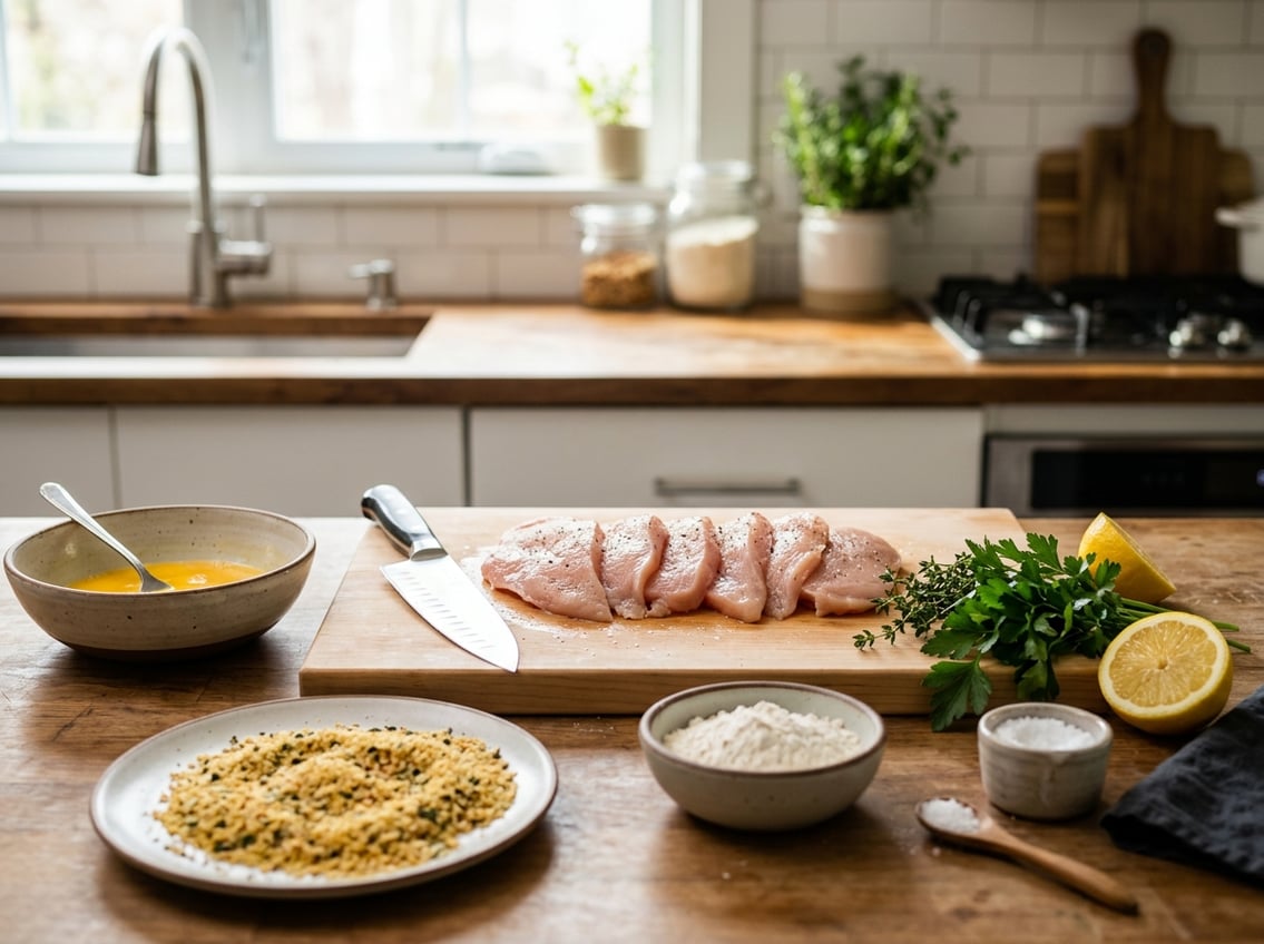 Raw chicken breast cutlets on a wooden cutting board with bowls of eggs, breadcrumbs, flour, fresh herbs, and a lemon on a kitchen countertop.