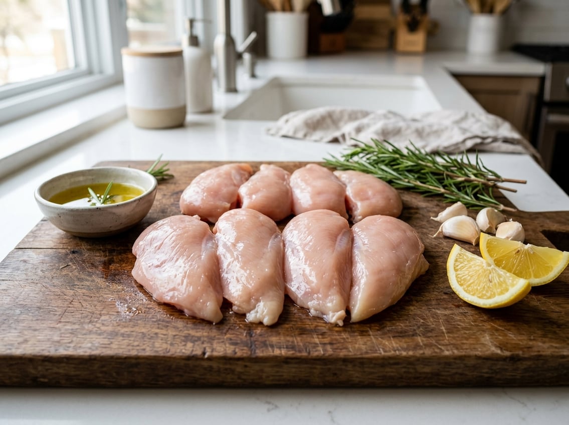 Raw chicken breast cutlets on a wooden cutting board with garlic, rosemary, lemon wedges, and olive oil on a kitchen countertop.