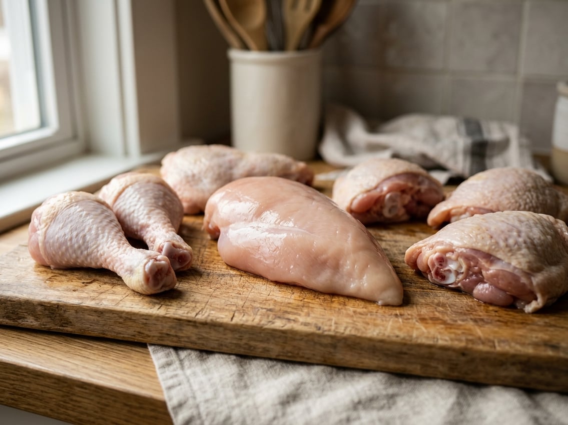 Several raw chicken pieces on a wooden cutting board including a boneless, skinless chicken breast in the center.
