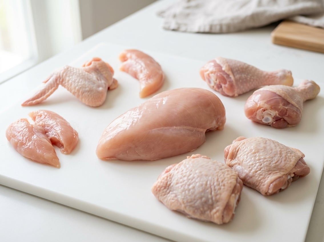 Raw chicken breast placed in the center surrounded by other chicken cuts like drumsticks, thighs, and wings on a white surface.