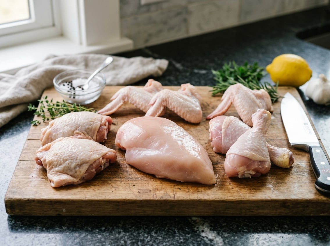Raw chicken pieces on a wooden cutting board with a chicken breast piece clearly visible among other cuts in a kitchen setting.