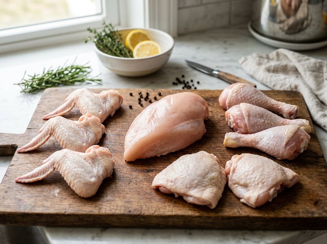 A wooden cutting board with raw chicken breast in the center surrounded by other chicken parts like drumsticks, thighs, and wings in a bright kitchen setting.