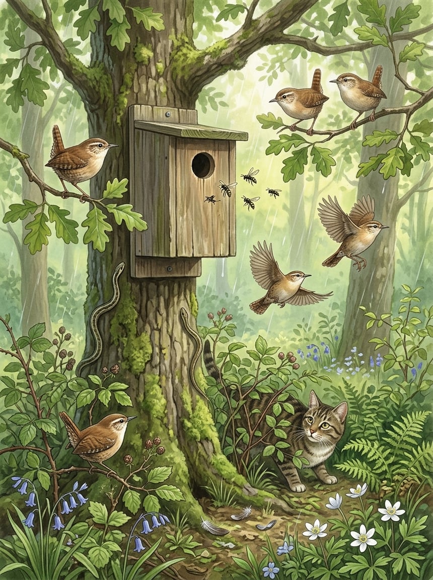 8 Reasons Your Wren Family Suddenly Abandoned the Nest Box (Ranked by Likelihood) 1 A wooden nest box on a tree with small wrens flying away and perched nearby, surrounded by forest plants and subtle signs of potential threats like a snake, wasps, rain, and a hidden cat.