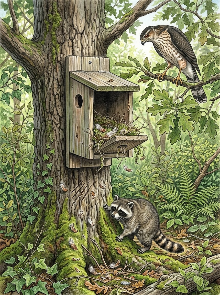 8 Reasons Your Wren Family Suddenly Abandoned the Nest Box (Ranked by Likelihood) 2 A wren nest box on a tree with signs of disturbance, a Cooper's hawk perched nearby, and a raccoon approaching at the tree base in a forest setting.