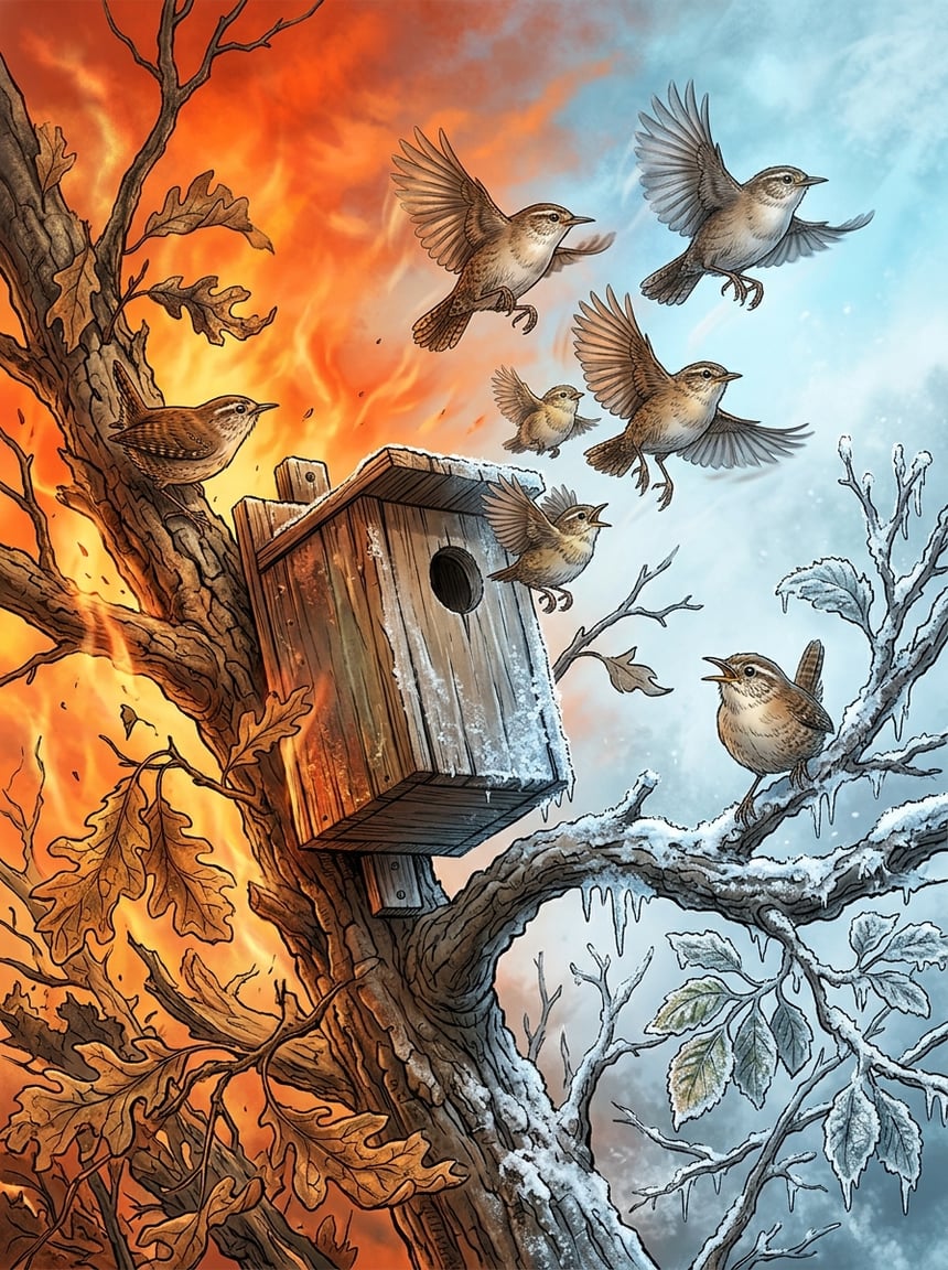 8 Reasons Your Wren Family Suddenly Abandoned the Nest Box (Ranked by Likelihood) 3 A small wren family abruptly leaving their nest box on a tree branch amid contrasting extreme weather with intense heat on one side and frost on the other.