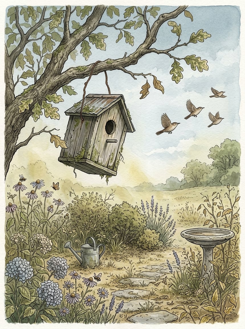 8 Reasons Your Wren Family Suddenly Abandoned the Nest Box (Ranked by Likelihood) 5 An empty nest box on a tree branch in a garden with few insects and wrens flying away, showing the impact of insect decline and food scarcity.