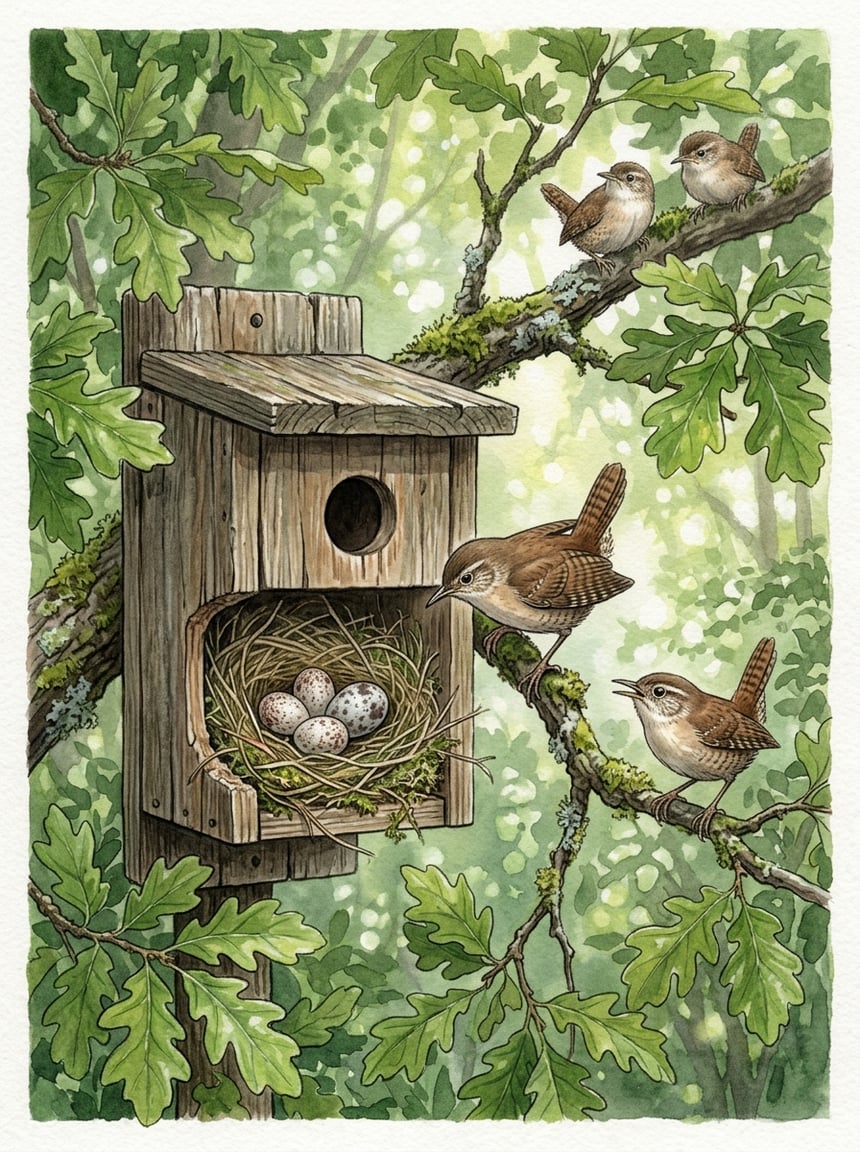 8 Reasons Your Wren Family Suddenly Abandoned the Nest Box (Ranked by Likelihood) 7 A nest box on a tree branch containing small wren eggs and larger cowbird eggs, with a family of wrens nearby appearing hesitant or distressed.