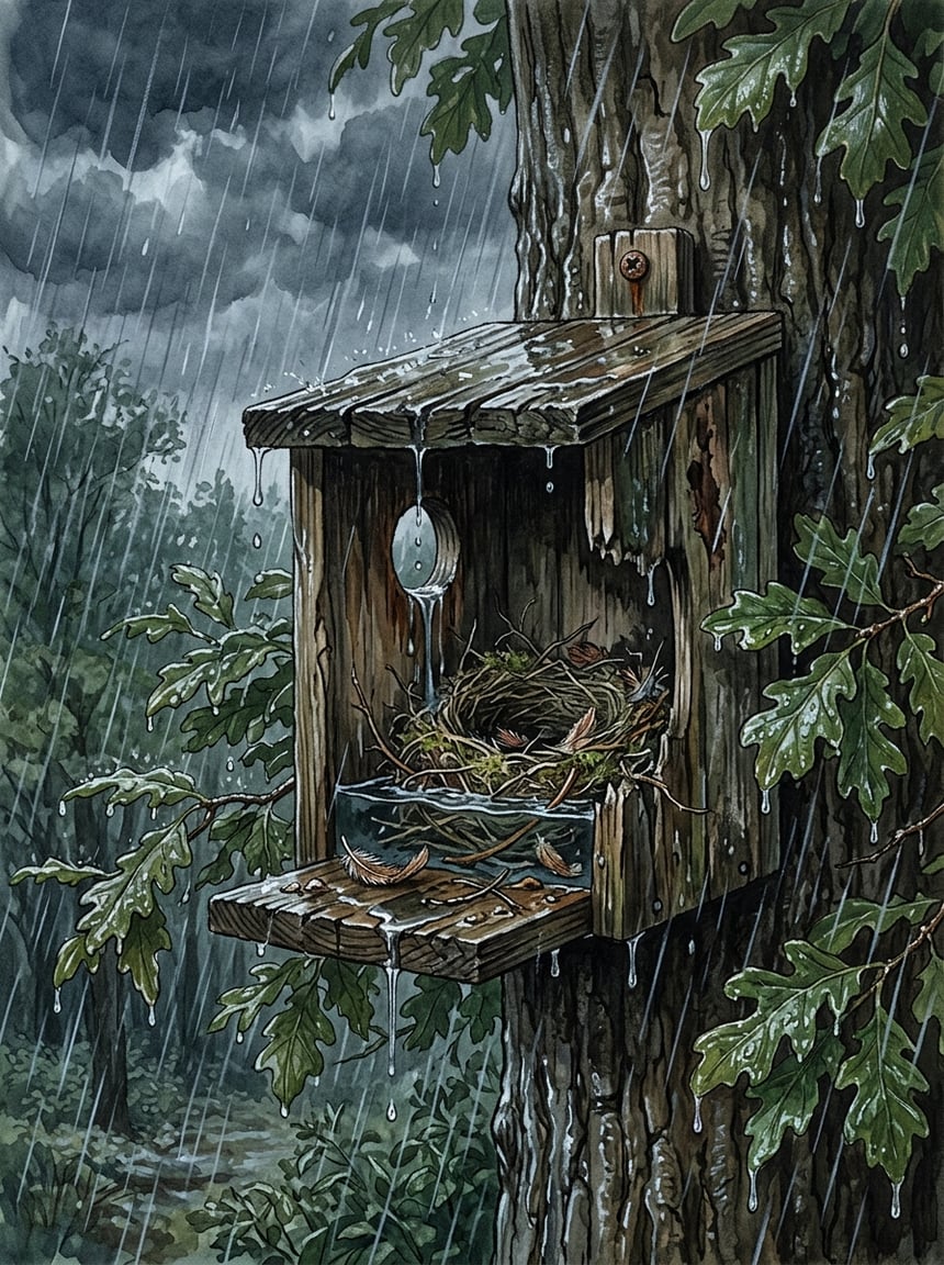 8 Reasons Your Wren Family Suddenly Abandoned the Nest Box (Ranked by Likelihood) 8 A small wooden bird nest box on a tree during heavy rain, partially flooded and empty with scattered feathers inside.