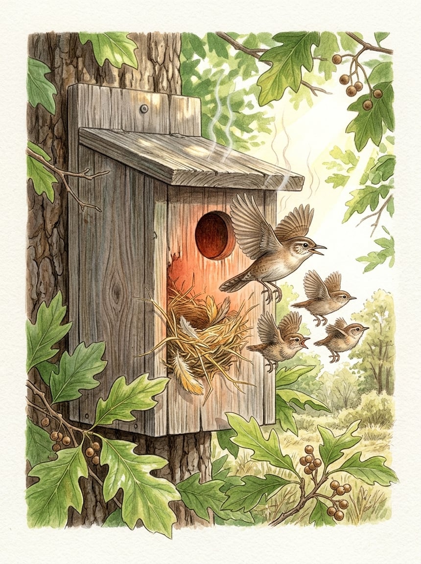 8 Reasons Your Wren Family Suddenly Abandoned the Nest Box (Ranked by Likelihood) 9 A small wren family flying away from a wooden nest box showing signs of poor ventilation and overheating.