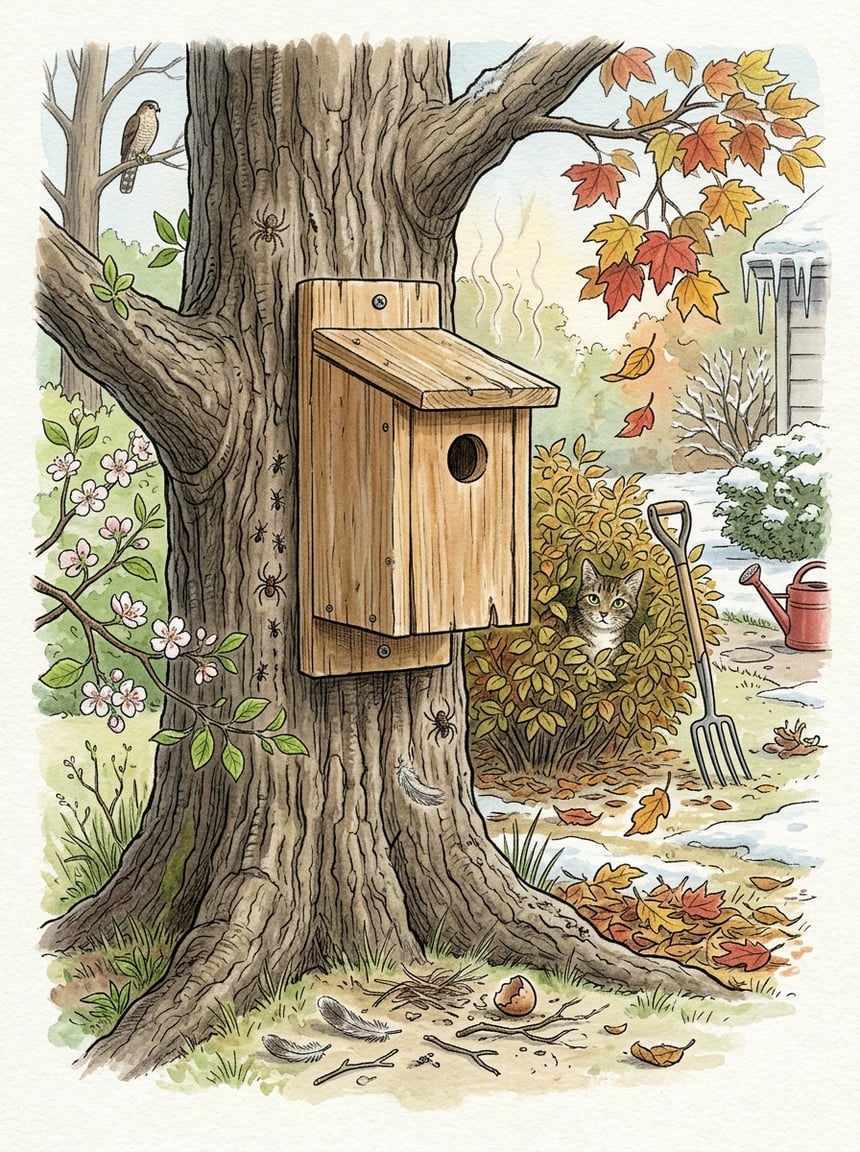 8 Reasons Your Wren Family Suddenly Abandoned the Nest Box (Ranked by Likelihood) 10 A backyard scene showing an empty wooden wren nest box on a tree with seasonal elements like blossoms, falling leaves, frost, insects nearby, a small predator bird in the background, and signs of human disturbance.