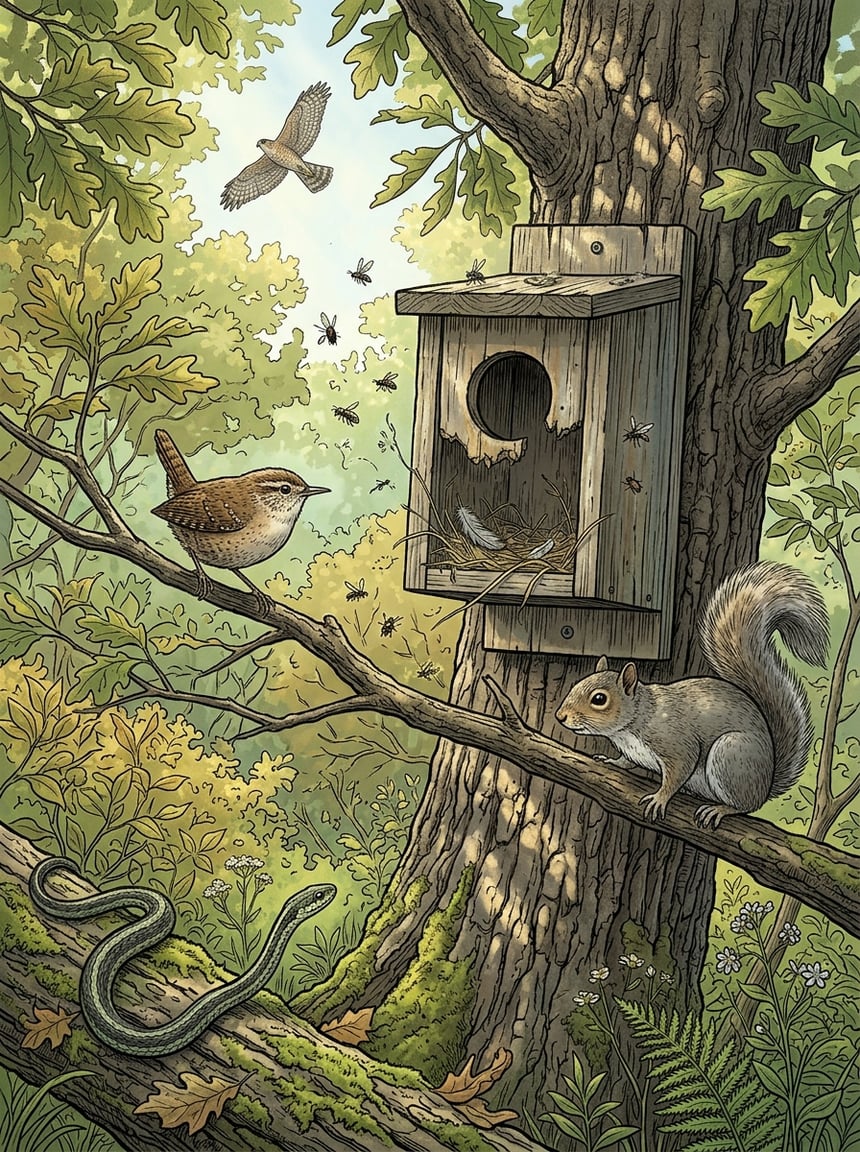 8 Reasons Your Wren Family Suddenly Abandoned the Nest Box (Ranked by Likelihood) 11 A woodland scene showing an empty wren nest box on a tree surrounded by a squirrel, a bird flying above, a snake near the tree base, and insects nearby.