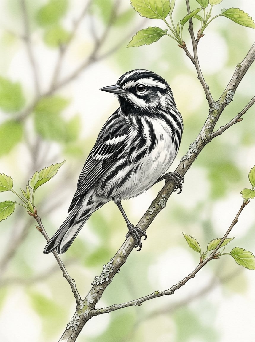 Male Black-and-white Warbler creeping headfirst down a rough-barked trunk, bold black-and-white striped plumage visible against pale gray bark with blurred spring foliage behind.