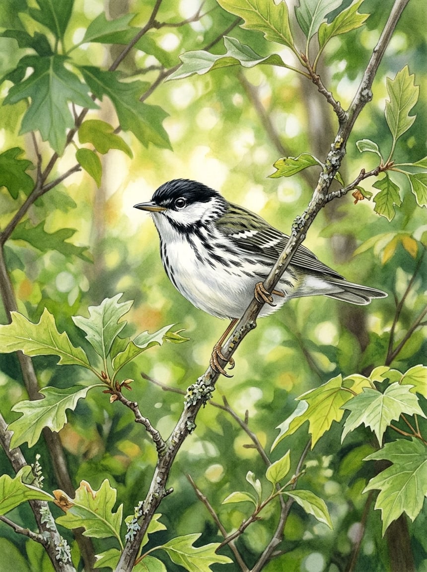 Male Blackpoll Warbler in breeding plumage perched on a spruce twig, showing crisp black cap, bold black streaking on white underparts, and bright orange-yellow legs visible below.