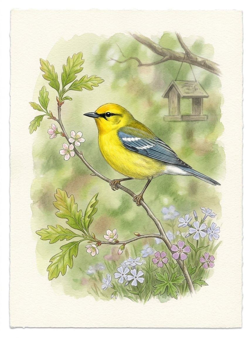 Male Blue-winged Warbler perched on a thin willow stem, showing bright yellow head, narrow black eye-line, and pale blue-gray wing panels clearly visible against dappled green foliage.