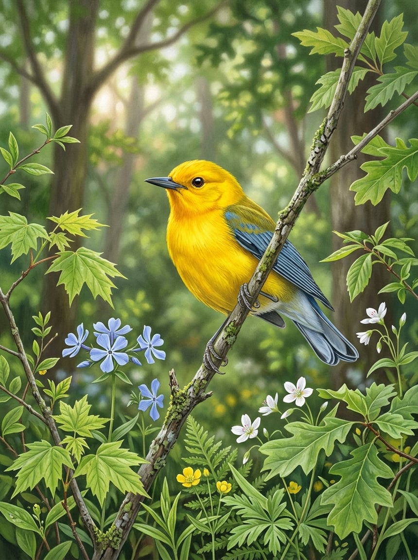 Male Prothonotary Warbler perched on a mossy cypress knee above dark swamp water, bright golden-yellow head and breast glowing against dark gray wings and shadowed water below.