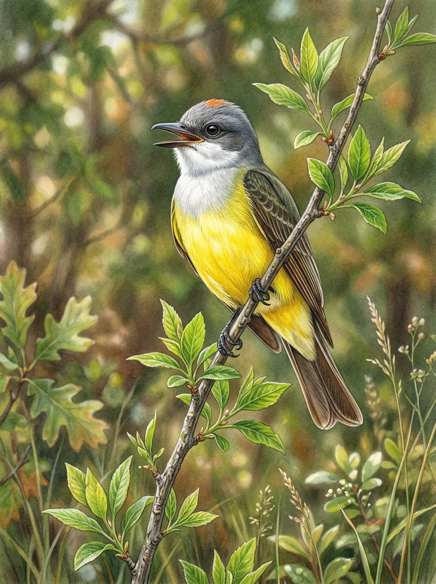 Cassin's Kingbird perched upright on a wooden fencepost, slate-gray back and clean yellow belly visible, with open grassland and scattered oaks receding into the background.