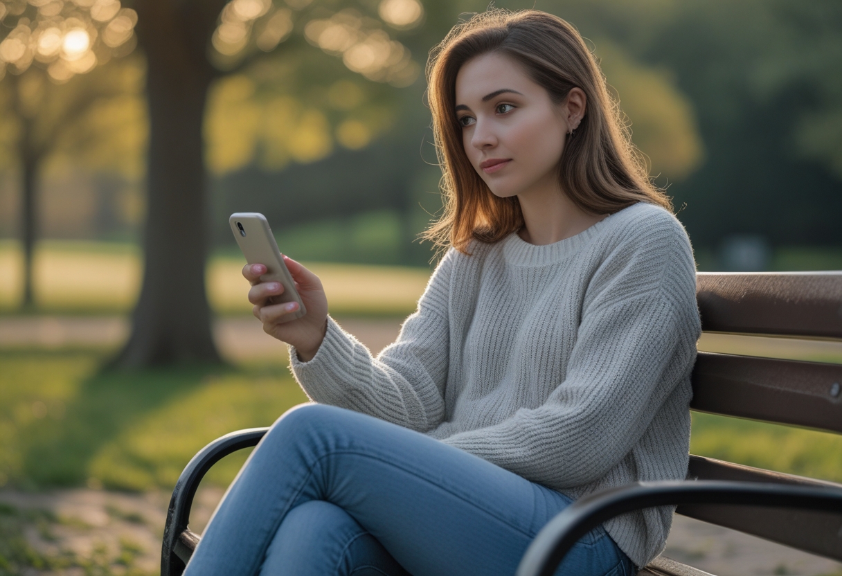 A young woman sitting alone on a park bench, looking thoughtful and holding a smartphone.