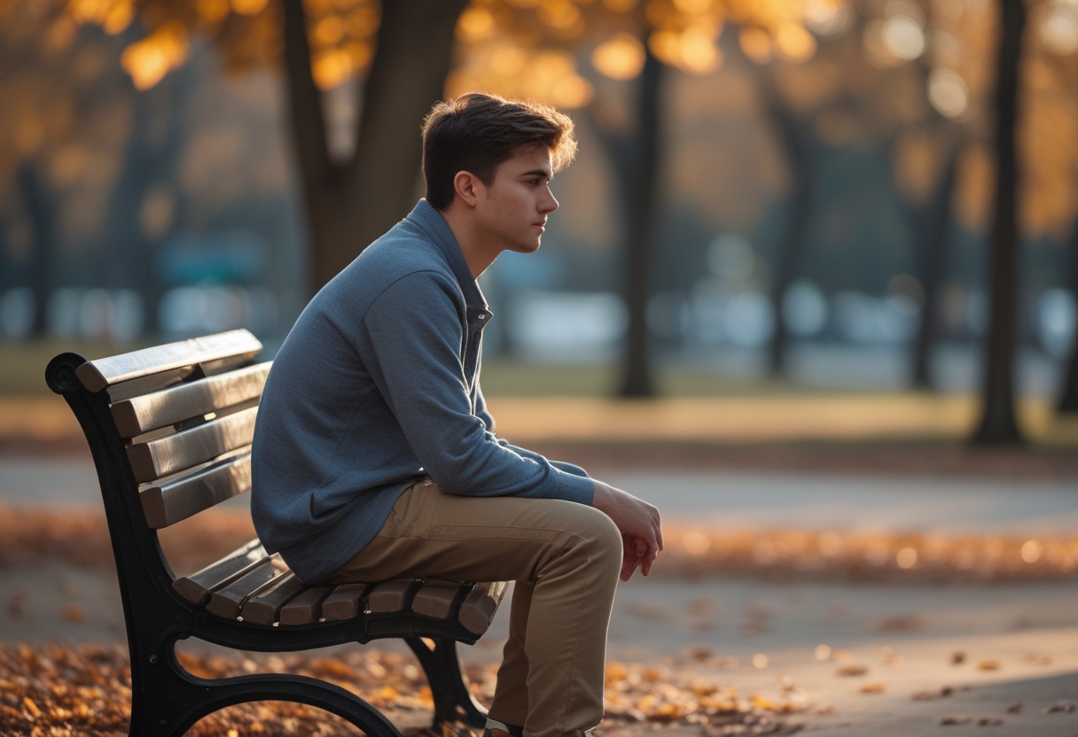 A young adult sitting alone on a park bench looking thoughtful and reflective with autumn trees in the background.