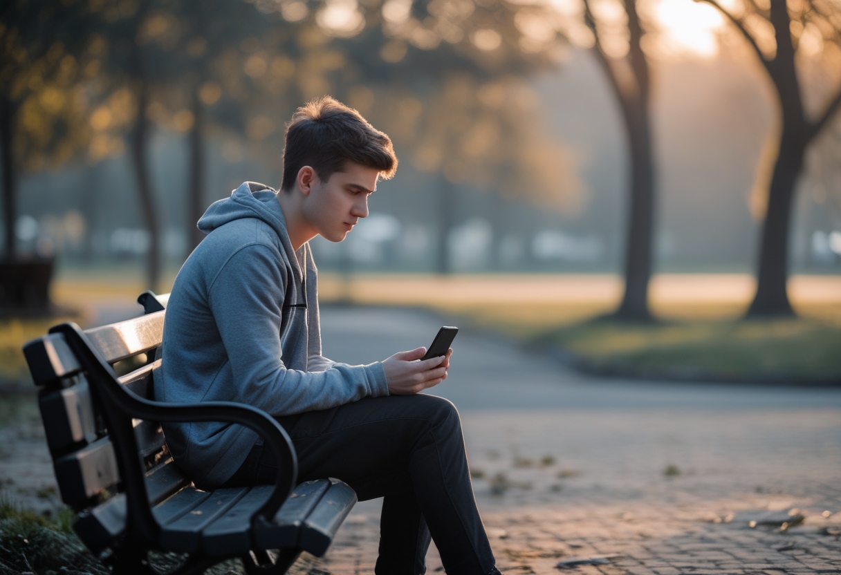 A young adult sitting alone on a park bench looking thoughtful and holding a smartphone, surrounded by trees and warm sunlight.