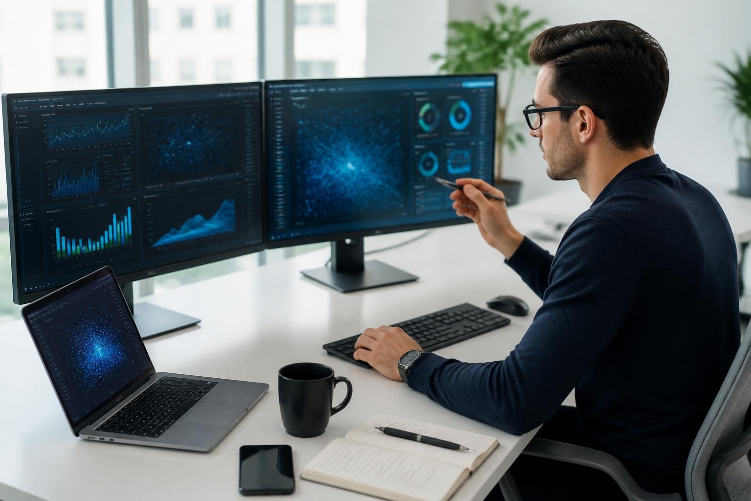 Ein moderner B&uuml;roarbeitsplatz mit mehreren Bildschirmen, auf denen Datenvisualisierungen zu sehen sind, und einer Person, die an einem Computer arbeitet.