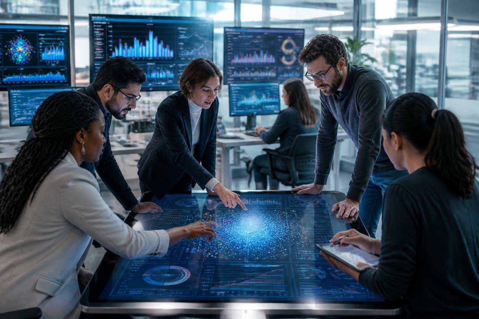 Mehrere Personen arbeiten gemeinsam in einem modernen B&uuml;ro an einem gro&szlig;en Bildschirm mit Datenvisualisierungen und Diagrammen zur Analyse von KI-&Uuml;bersichten.