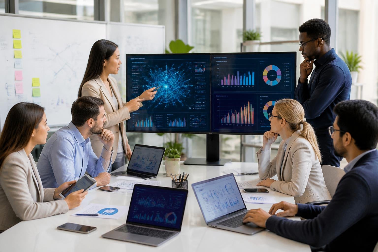 Eine Gruppe von Fachleuten arbeitet gemeinsam an Computern mit Datenanalysen in einem modernen B&uuml;ro.