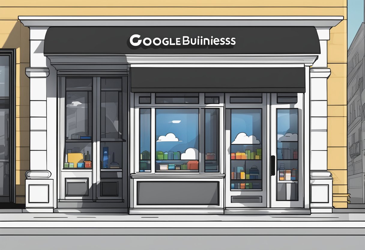 Vue de face d'un commerce avec "Google Business" écrit sur sa devanture.