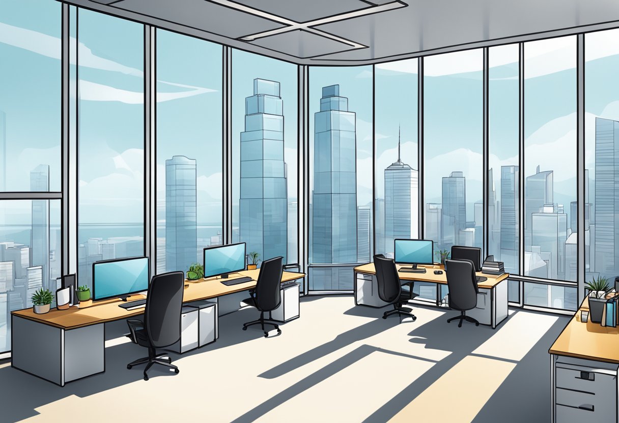 Vue d'un bureau moderne dans un building avec panorama sur le quartier d'affaires de la ville.