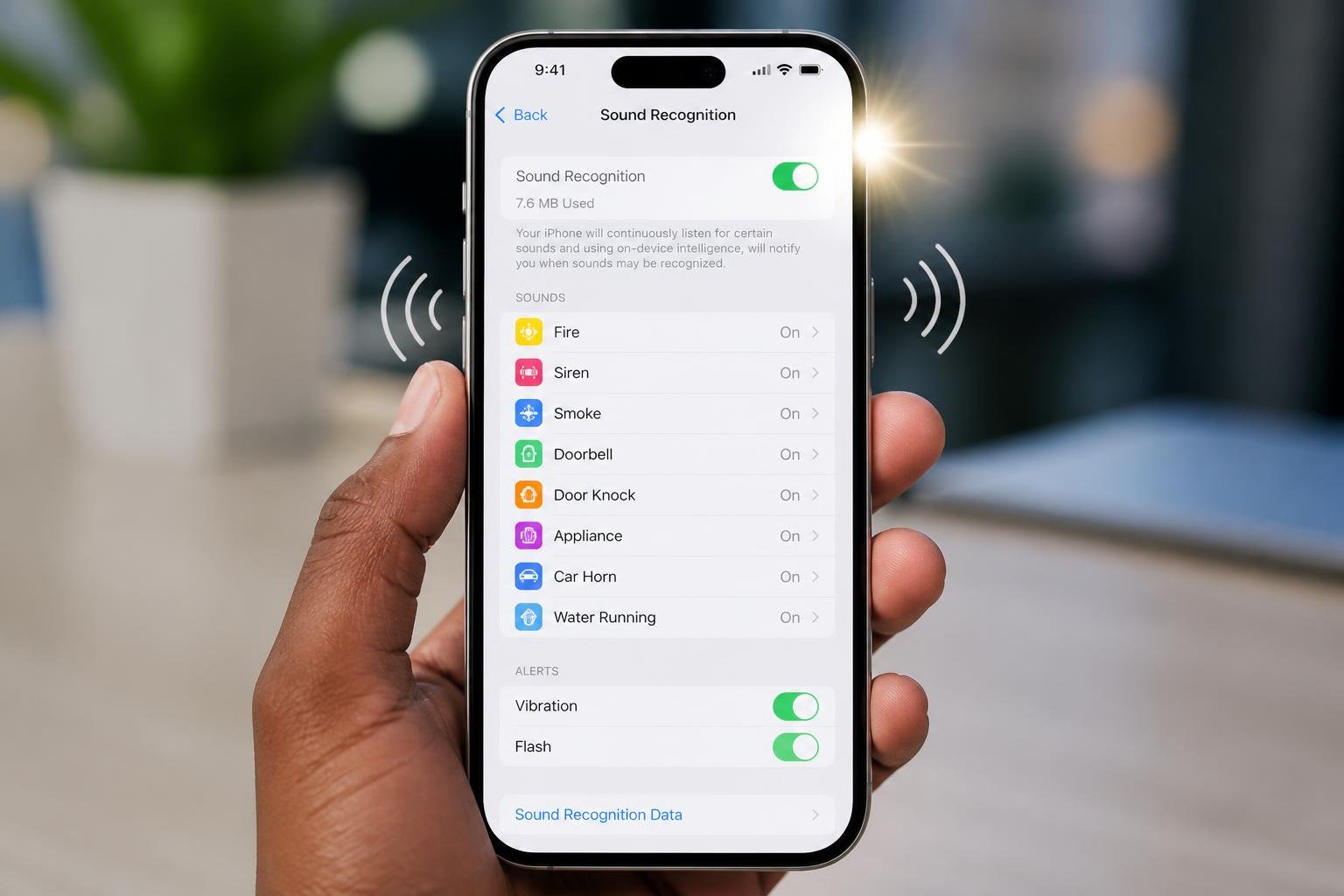 A person holding an iPhone showing the Sound Recognition feature screen with icons representing vibration and flash alerts.