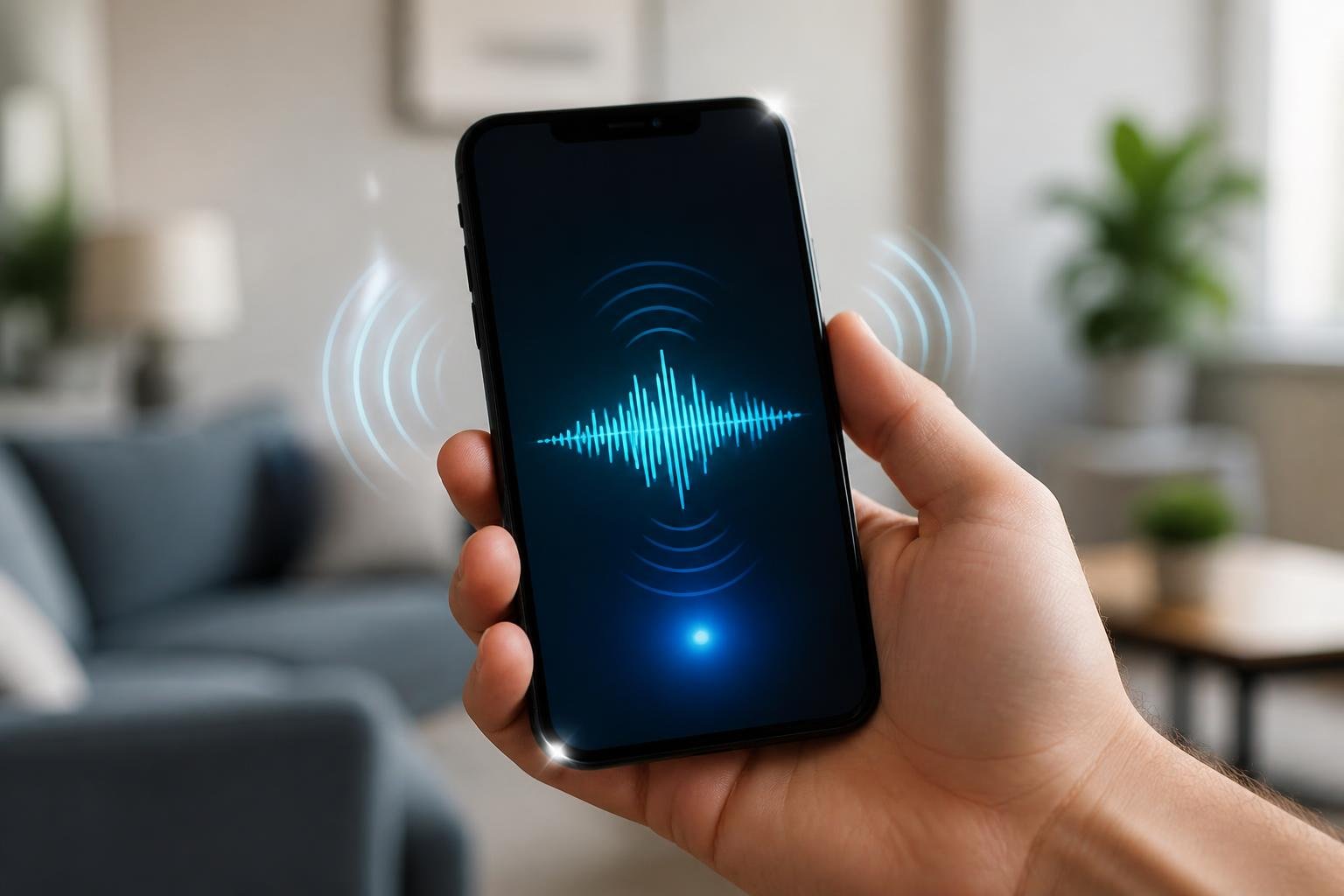 A hand holding an iPhone with visual effects indicating sound recognition alerts in a softly blurred indoor setting.