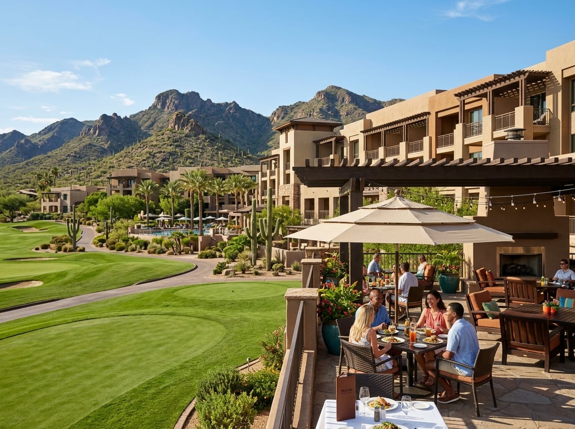 A resort with outdoor dining, a golf course, and mountains in the background on a sunny day.
