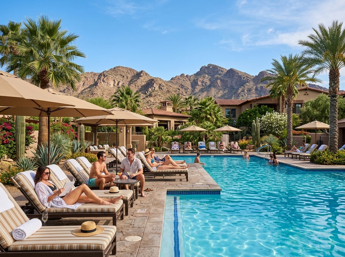 A poolside scene at a resort with lounge chairs, umbrellas, palm trees, and mountains in the background on a sunny day.