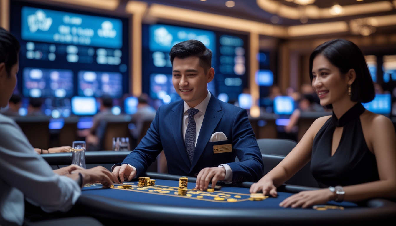 Seorang dealer Asia yang berpakaian rapi sedang mengelola meja permainan kasino langsung dengan pemain yang fokus dan suasana kasino yang mewah.