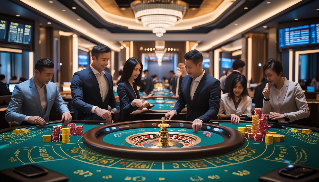 Suasana kasino langsung yang mewah dengan meja permainan, dealer, dan pemain yang sedang bermain di lingkungan yang elegan dan berkelas.