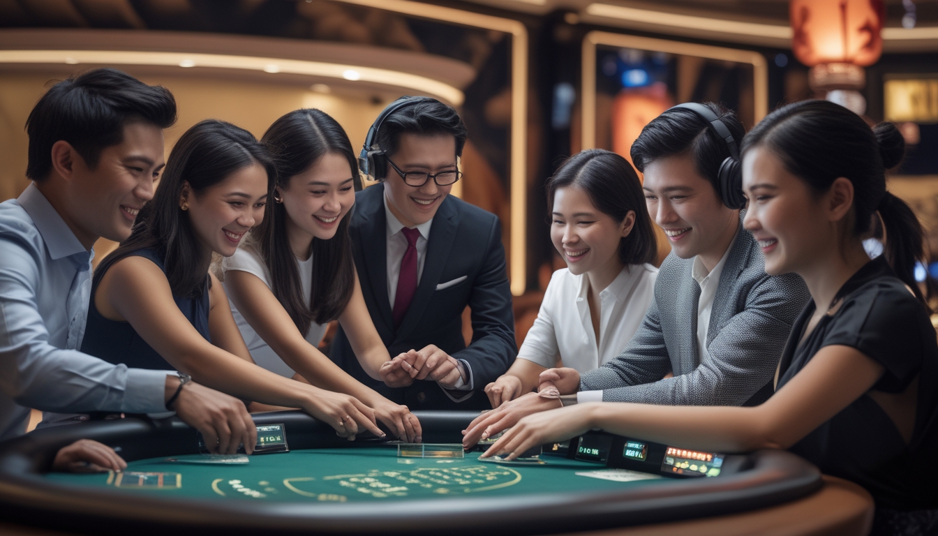 Sejumlah pemain Asia sedang bermain di meja kasino langsung dengan dealer yang ramah di lingkungan kasino yang elegan.