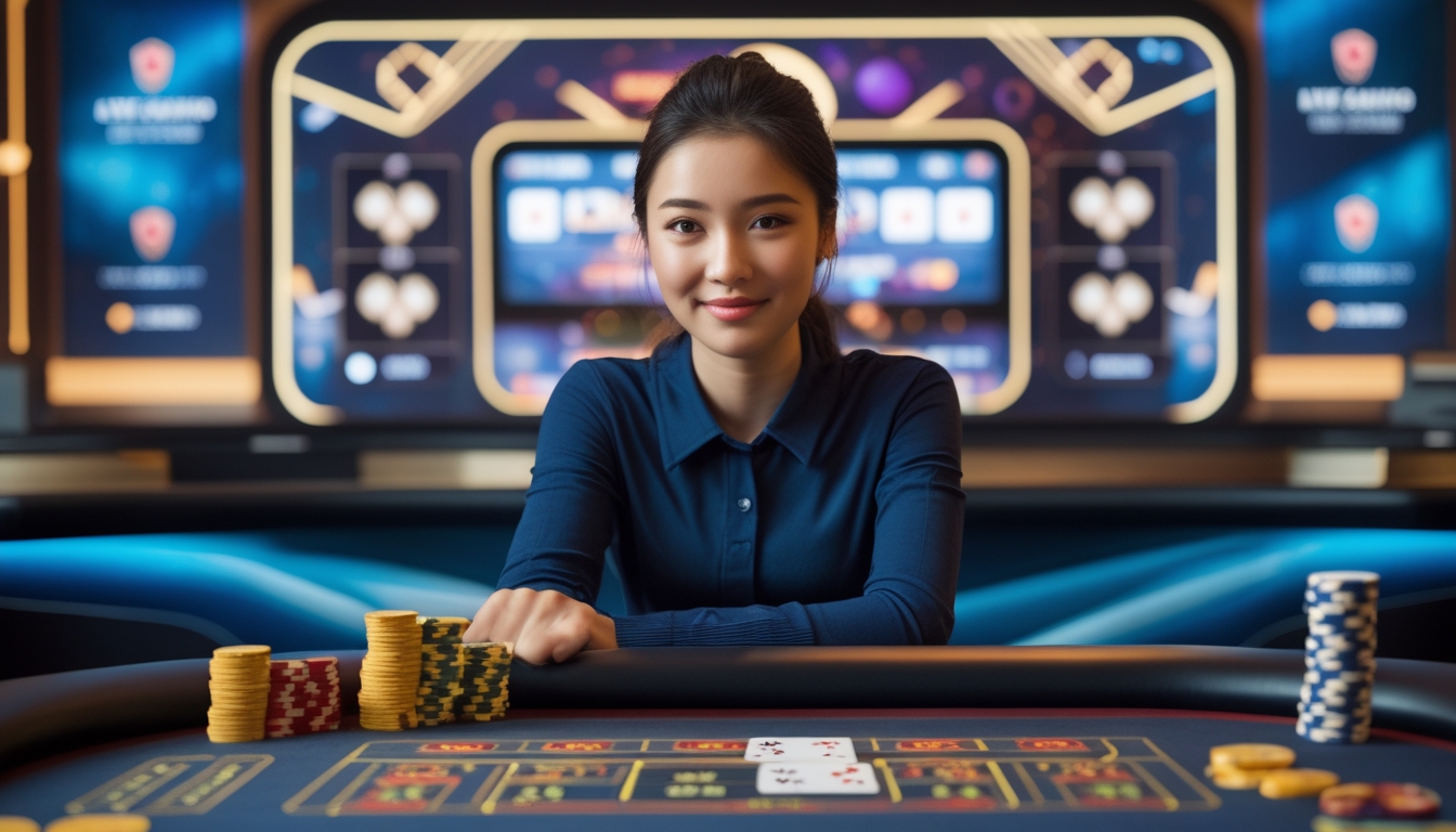 Seorang wanita Asia muda duduk di meja permainan kasino dengan chip dan kartu, terlihat percaya diri dan santai dalam suasana kasino yang mewah.