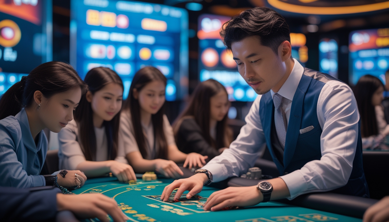 Suasana kasino langsung Asia dengan dealer dan pemain yang fokus bermain di meja permainan, dikelilingi layar digital yang menampilkan grafik permainan dan simbol transaksi cepat.