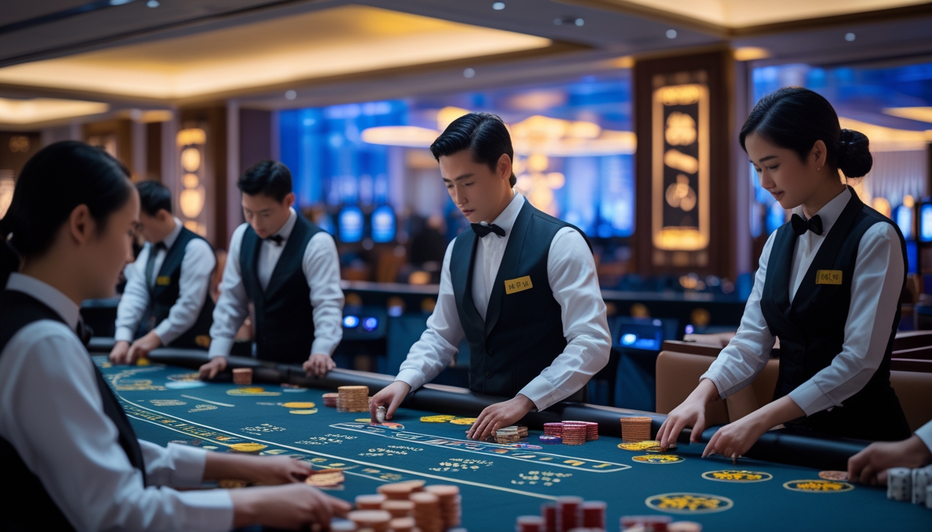 Suasana kasino langsung di Asia dengan dealer profesional yang sedang membagikan kartu di meja permainan.