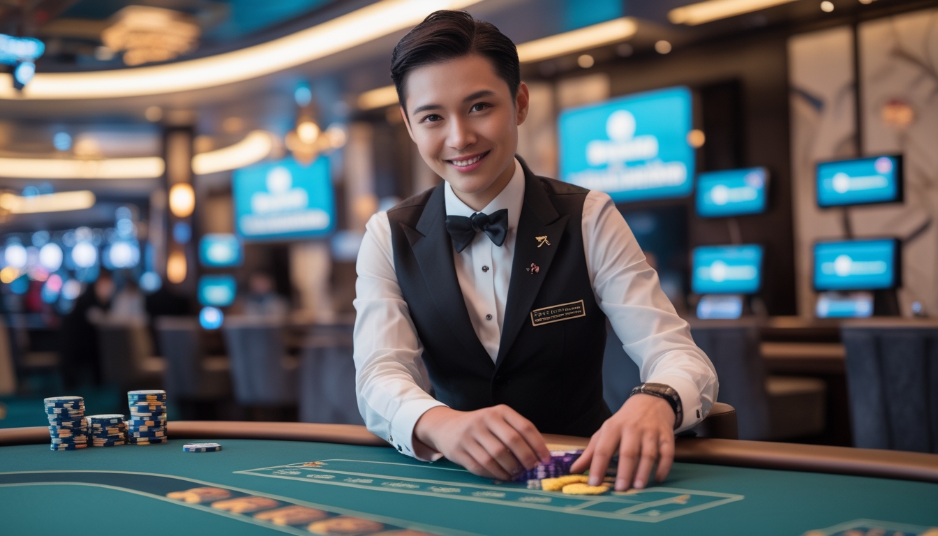 Seorang dealer kasino profesional sedang mengelola permainan di meja kasino langsung dengan latar belakang peralatan streaming dan suasana kasino mewah.