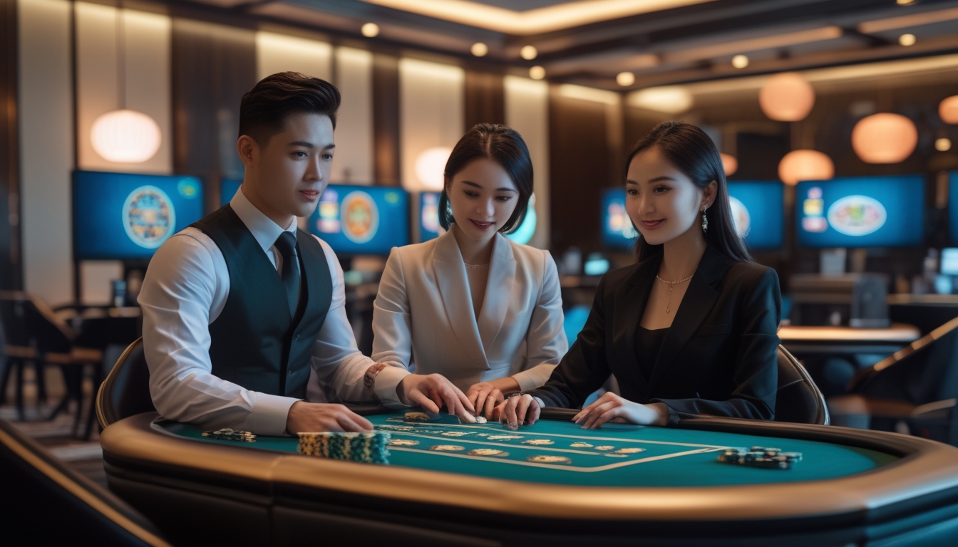 Dua pemain Asia sedang bermain di meja kasino langsung dengan dealer, suasana kasino profesional dan modern.