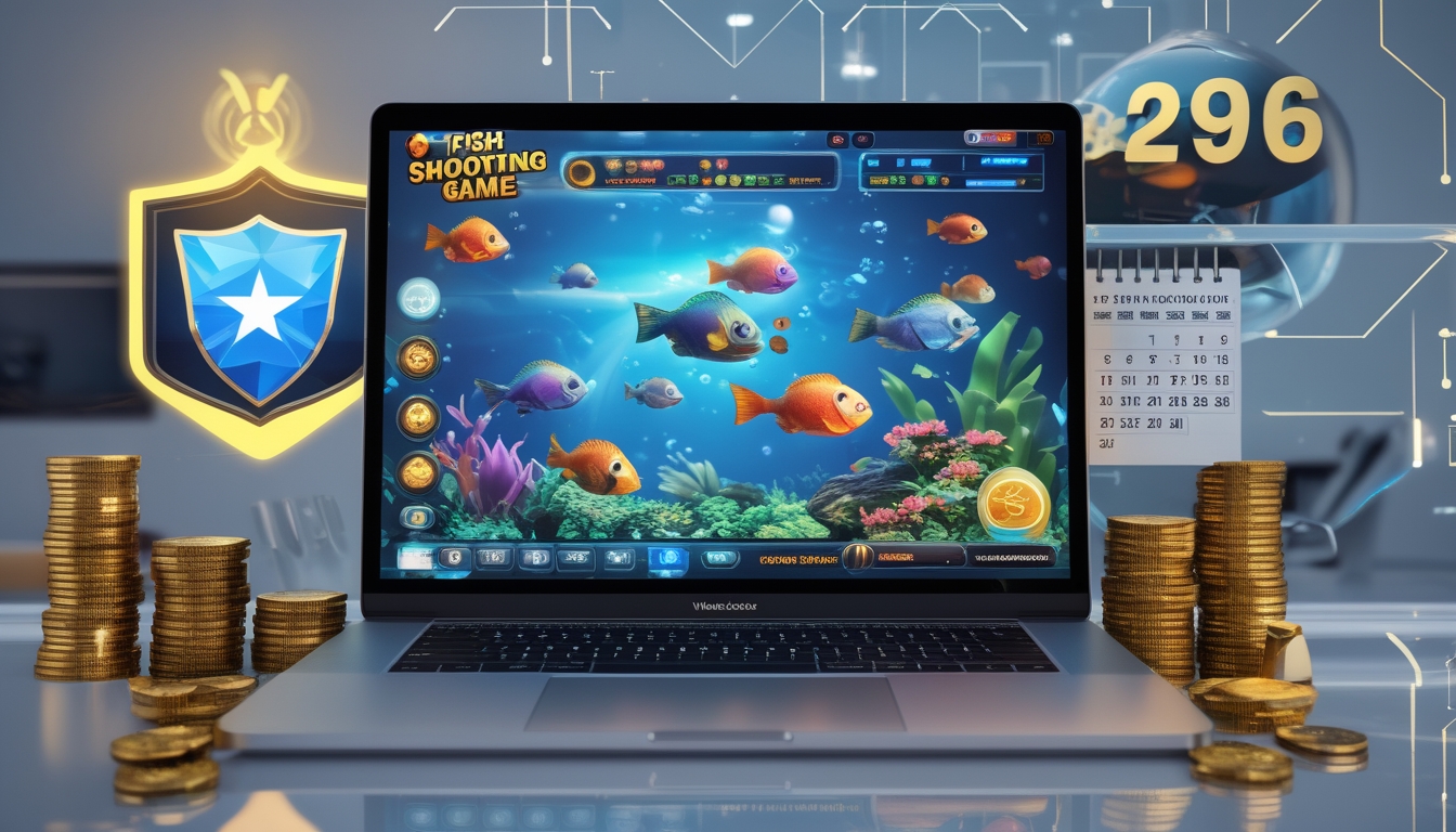 Sebuah meja kerja dengan laptop yang menampilkan permainan tembak ikan, dikelilingi oleh simbol koin dan ikon perlindungan, menggambarkan situs judi tembak ikan yang terpercaya dan minimal deposit.