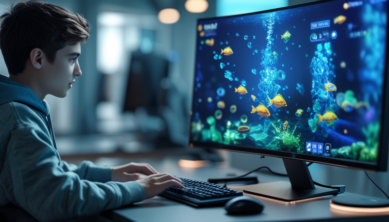 Seorang dewasa muda sedang bermain permainan tembak ikan online di depan komputer dengan layar berwarna cerah dan suasana ruangan yang nyaman.