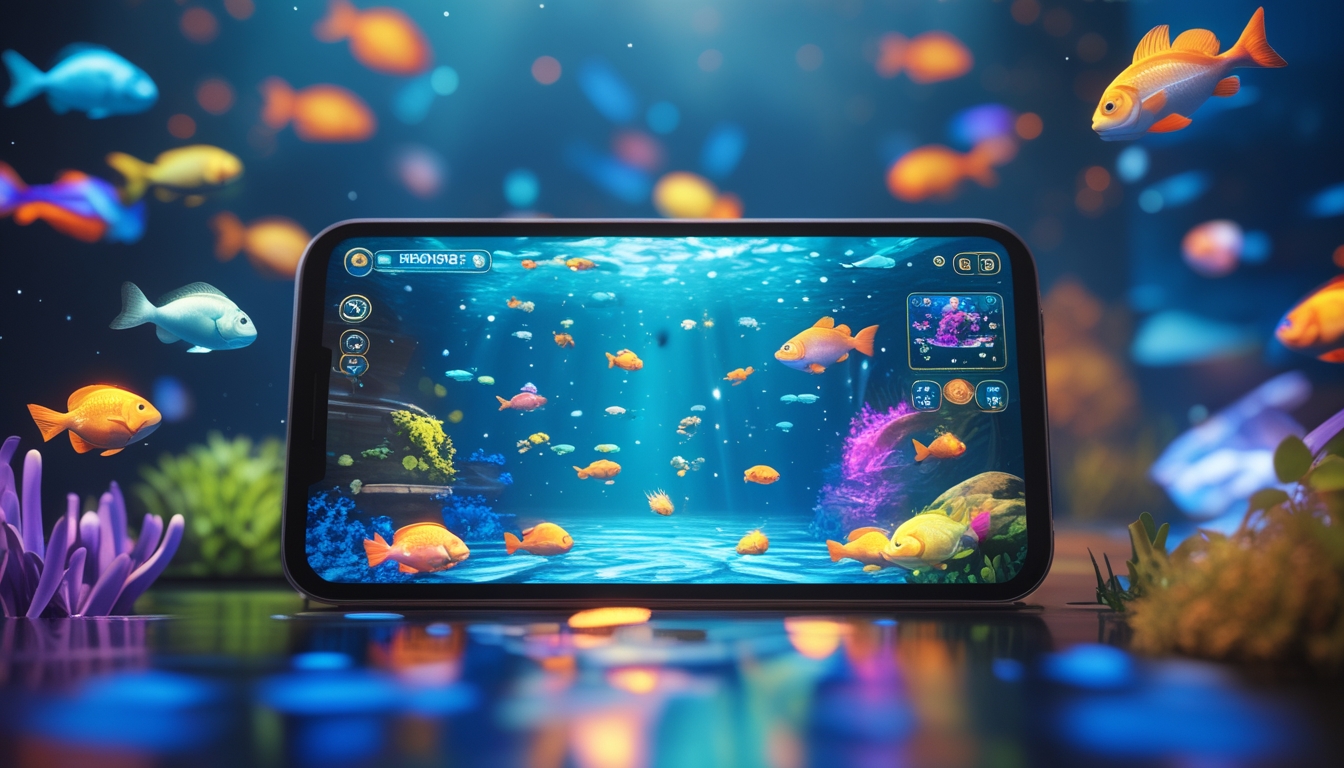 Suasana permainan tembak ikan di layar perangkat digital dengan latar bawah laut penuh ikan berwarna-warni.