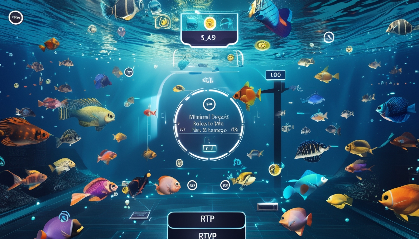Pemandangan bawah laut dengan ikan berwarna-warni dan elemen permainan digital yang menggambarkan keunggulan game tembak ikan dengan RTP tinggi.